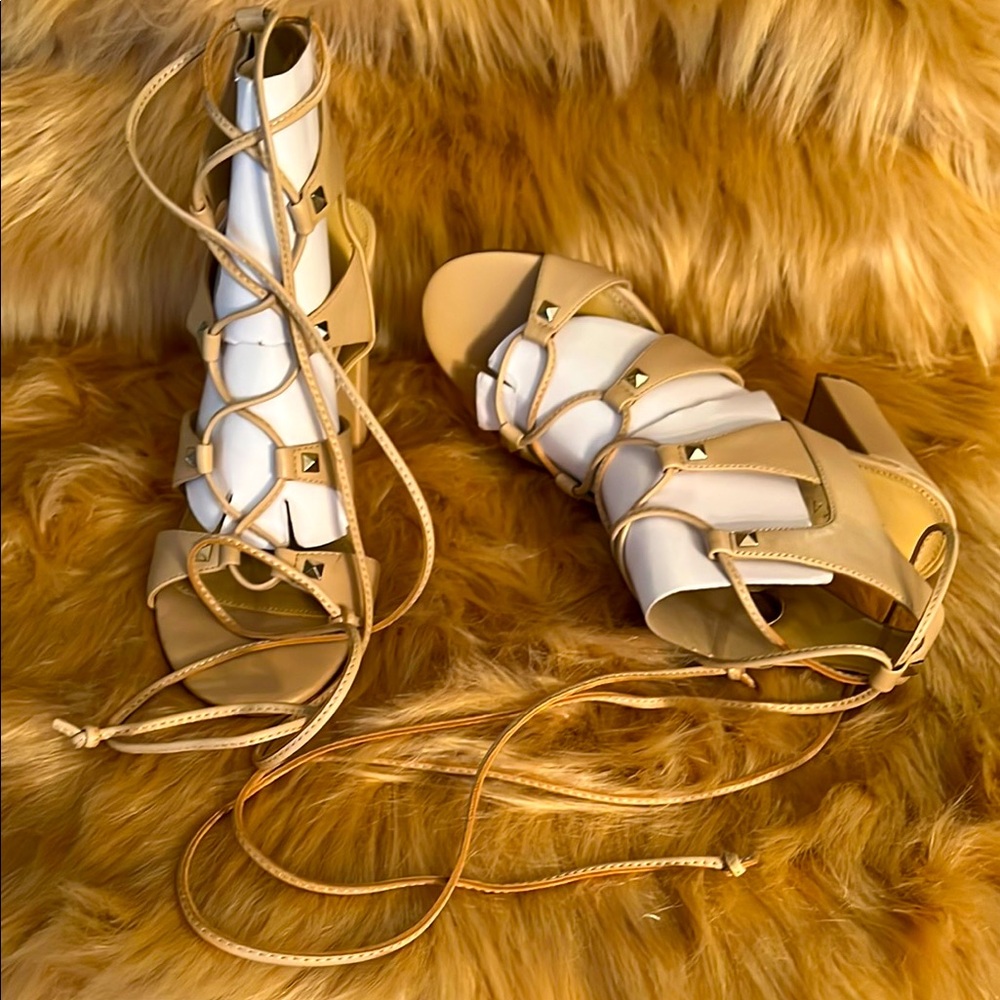 Gold and Tan Gladiator Sandals with Lace-Up Design